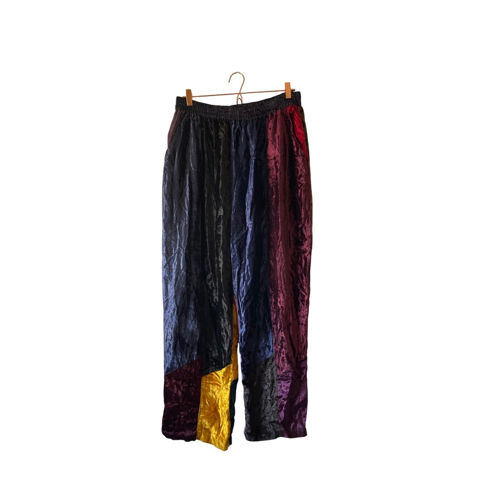 Vintage 2X Patchwork Crushed Velvet Wide Leg Pants Multi Color Pathwork